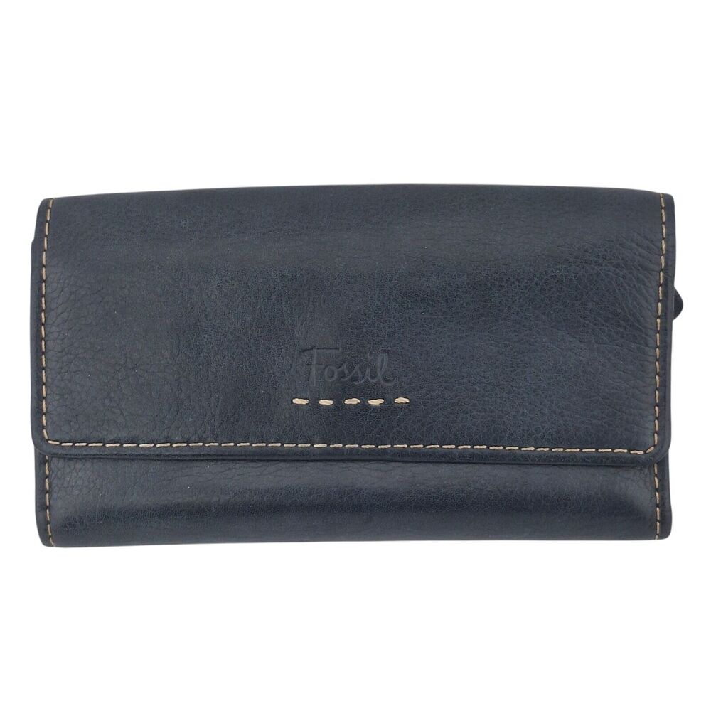 Fossil Women's Soft Leather Tri-Fold Clutch Wallet Black Contrast Stitching 7x4